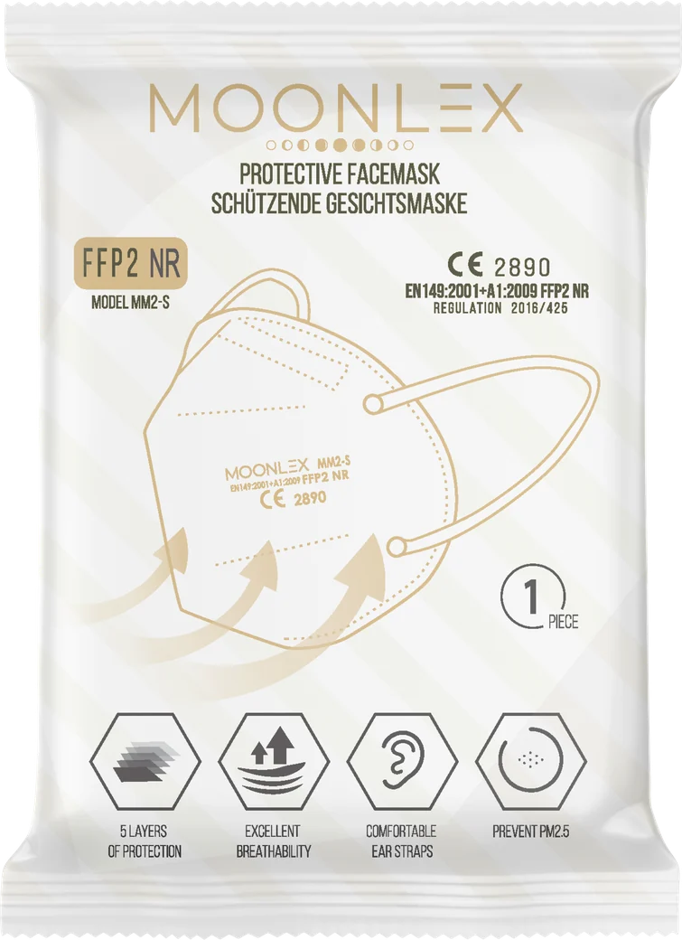 MOONLEX FFP2 NR respirator in its sealed white hygiene pouch, with the black version behind it