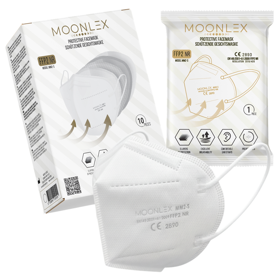MOONLEX FFP2 NR respirator, model MM2-S, with its ten-piece retail box and individual hygiene pouch