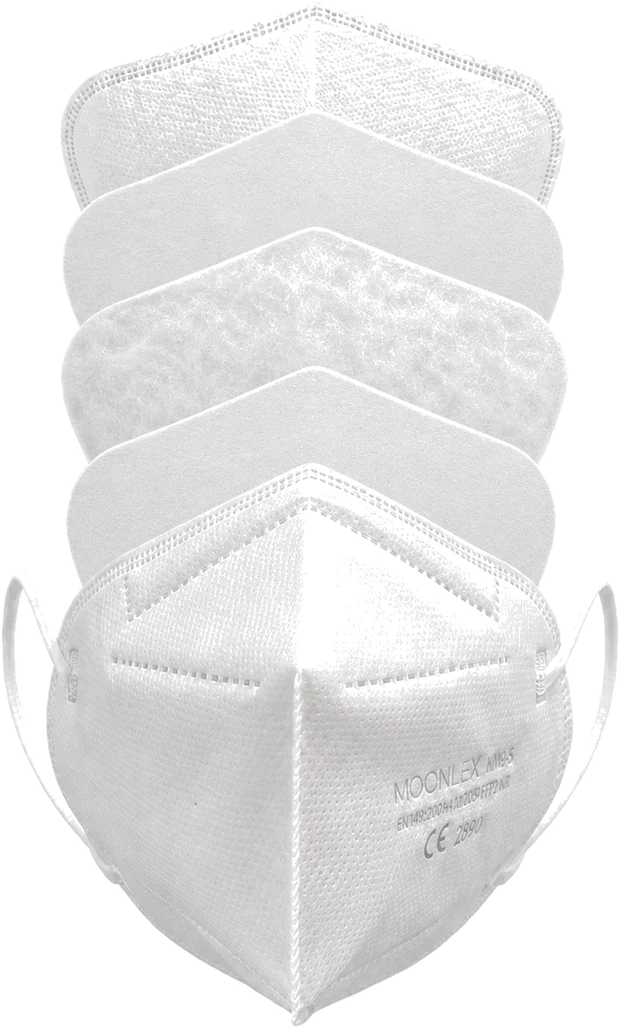 The MM2-S respirator with its five layers separated and stacked above it