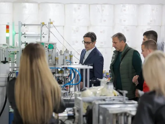 President Pendarovski being shown the mask production machinery